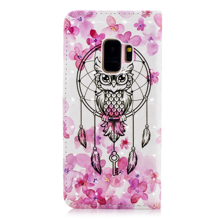 Light Spot Embossed Leather Wallet Phone Cover for Samsung Galaxy S9 SM-G960 - Owl on Dream Catcher-3