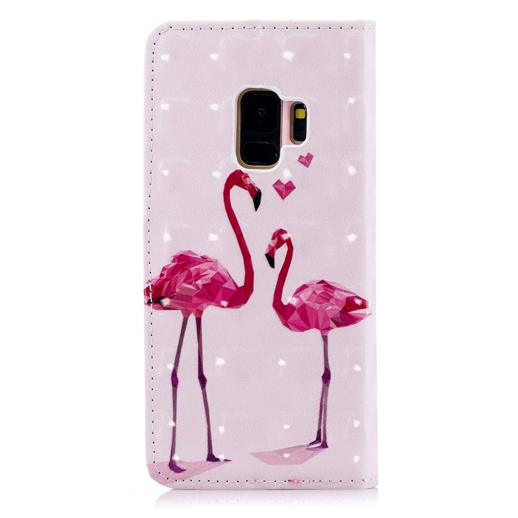 Light Spot Embossed Leather Wallet Phone Shell for Samsung Galaxy S9 SM-G960 - Flamingos-3