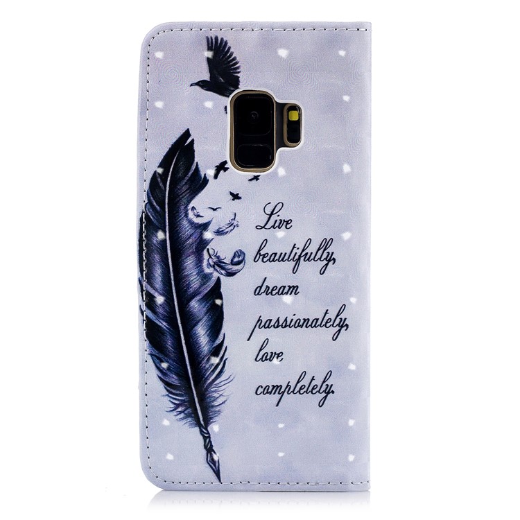 Light Spot Embossed Leather Wallet Mobile Casing for Samsung Galaxy S9 SM-G960 - Feather and Birds-3