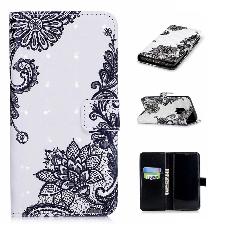 Light Spot Embossed Leather Stand Flip Case for Samsung Galaxy S9 SM-G960 - Lace Flower-1