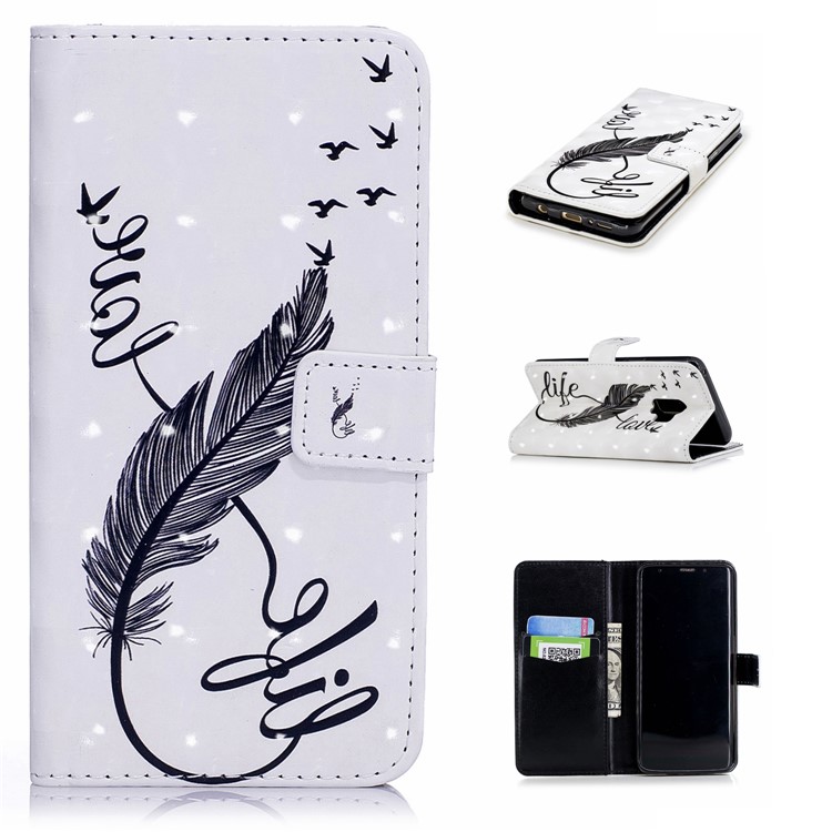 Light Spot Embossed Leather Wallet Phone Flip Cover for Samsung Galaxy S9 SM-G960 - Quill Pen-1