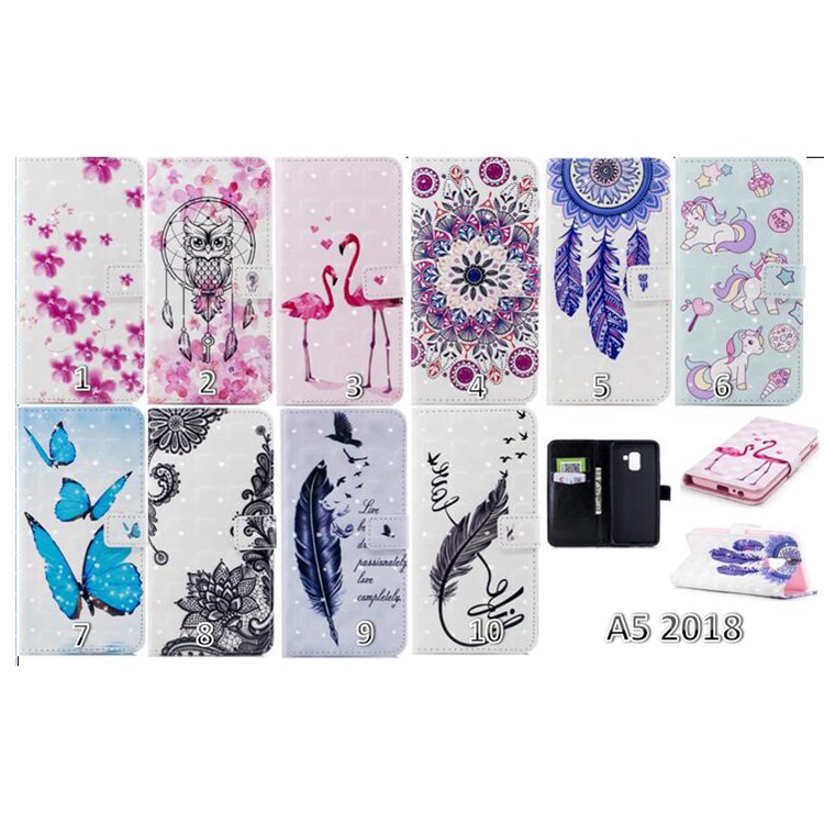 Pattern Printing Wallet Leather Stand Case for Samsung Galaxy A8 (2018) - Black Flowers-7
