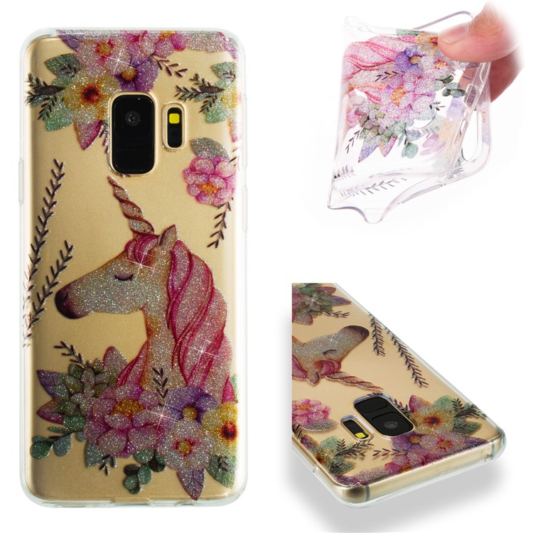 IMD Glitter Powder TPU Mobile Phone Case for Samsung Galaxy S9 SM-G960 - Unicorn and Flower-1