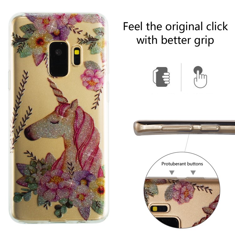 IMD Glitter Powder TPU Mobile Phone Case for Samsung Galaxy S9 SM-G960 - Unicorn and Flower-2