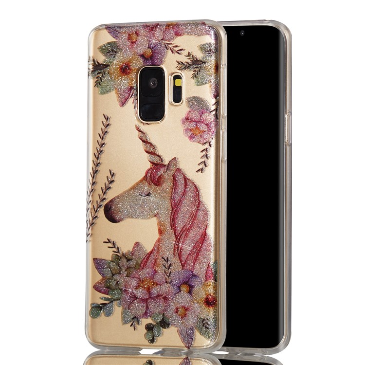 IMD Glitter Powder TPU Mobile Phone Case for Samsung Galaxy S9 SM-G960 - Unicorn and Flower-6
