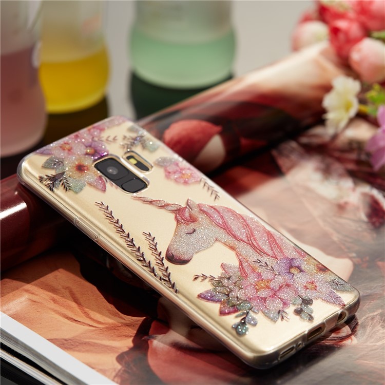 IMD Glitter Powder TPU Mobile Phone Case for Samsung Galaxy S9 SM-G960 - Unicorn and Flower-7