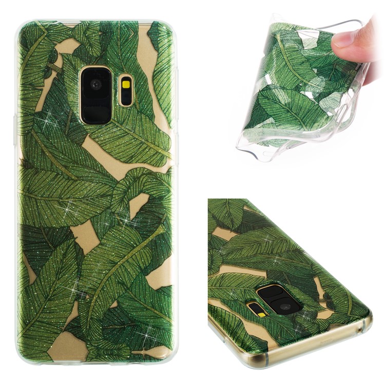 IMD Glitter Powder TPU Cell Phone Cover for Samsung Galaxy S9 SM-G960 - Green Leaves-1