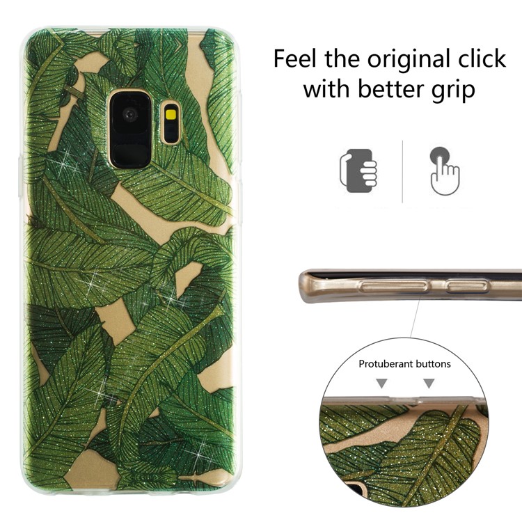 IMD Glitter Powder TPU Cell Phone Cover for Samsung Galaxy S9 SM-G960 - Green Leaves-2