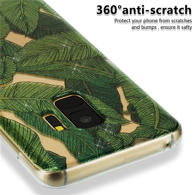 IMD Glitter Powder TPU Cell Phone Cover for Samsung Galaxy S9 SM-G960 - Green Leaves-7