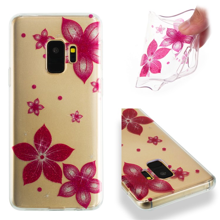 IMD Glitter Powder Soft TPU Phone Case for Samsung Galaxy S9 SM-G960 - Red Flower-1
