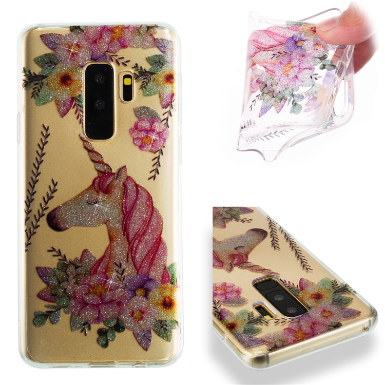 IMD Glitter Powder Soft TPU Phone Case for Samsung Galaxy S9+ SM-G965 - Unicorn and Flower-1
