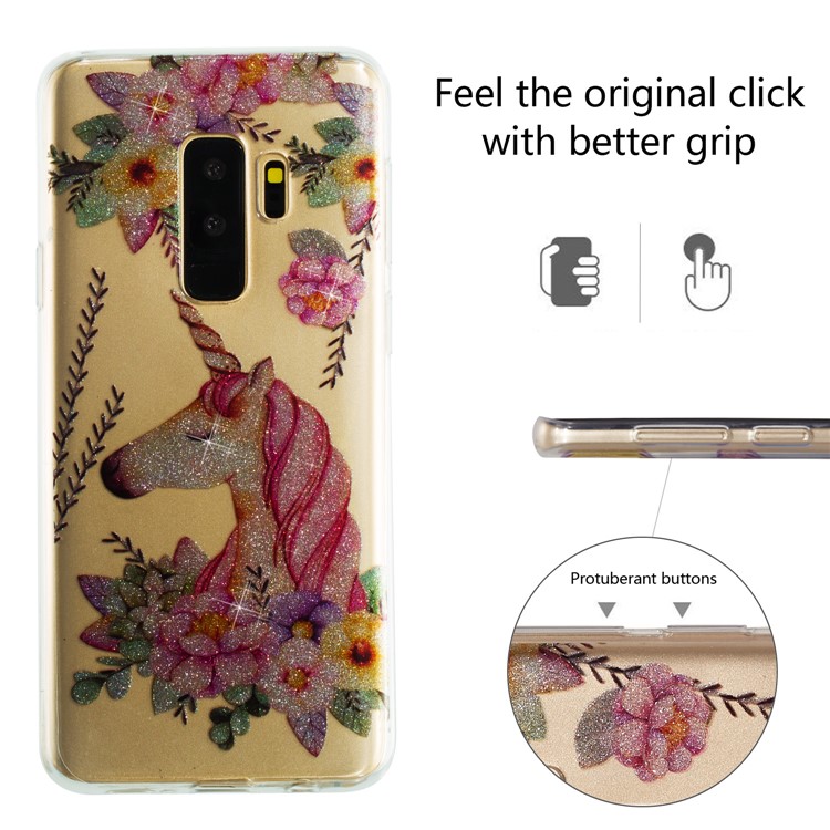 IMD Glitter Powder Soft TPU Phone Case for Samsung Galaxy S9+ SM-G965 - Unicorn and Flower-2