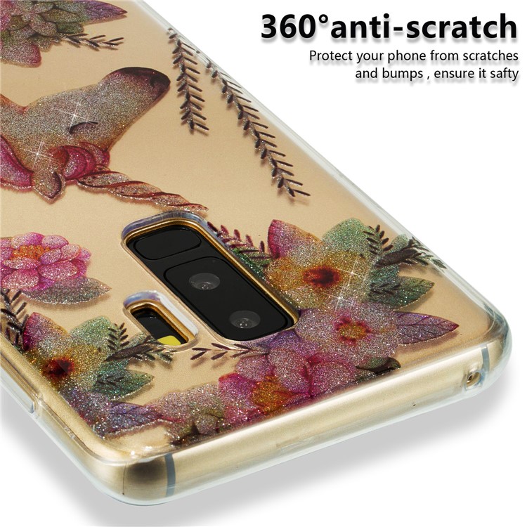 IMD Glitter Powder Soft TPU Phone Case for Samsung Galaxy S9+ SM-G965 - Unicorn and Flower-3