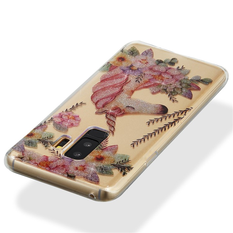 IMD Glitter Powder Soft TPU Phone Case for Samsung Galaxy S9+ SM-G965 - Unicorn and Flower-4