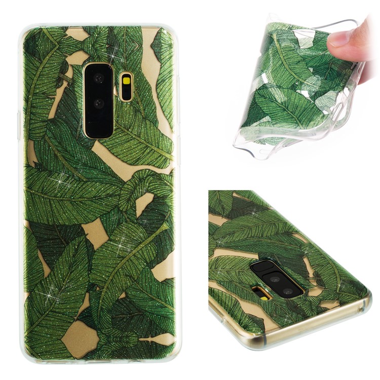 IMD Glitter Powder TPU Cell Phone Cover for Samsung Galaxy S9+ SM-G965 - Green Leaves-1