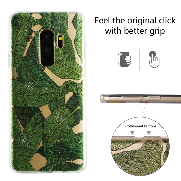 IMD Glitter Powder TPU Cell Phone Cover for Samsung Galaxy S9+ SM-G965 - Green Leaves-2