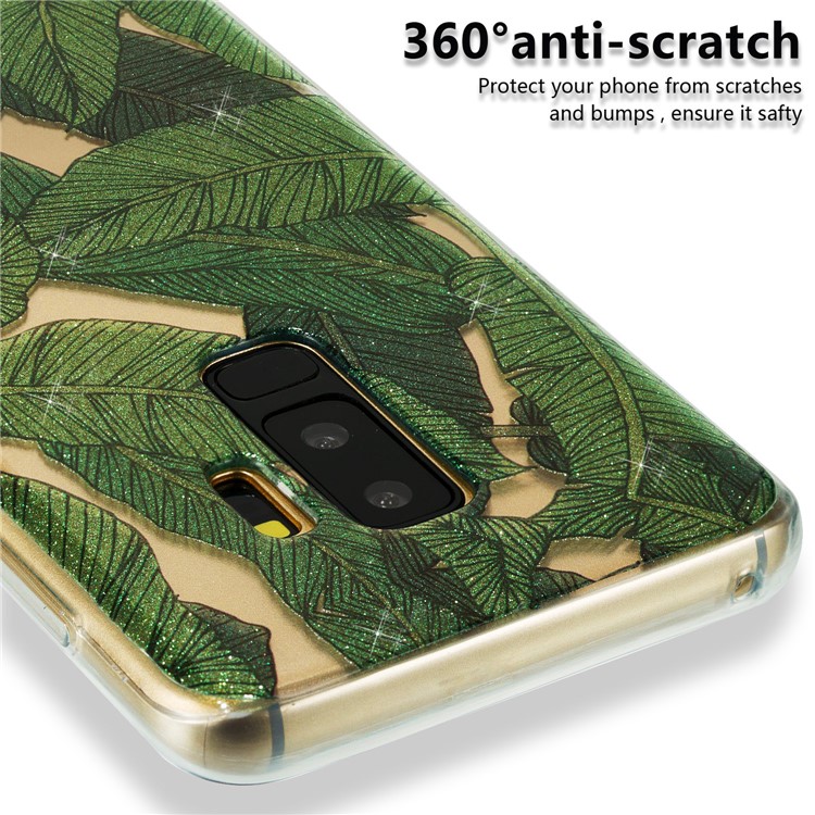 IMD Glitter Powder TPU Cell Phone Cover for Samsung Galaxy S9+ SM-G965 - Green Leaves-3