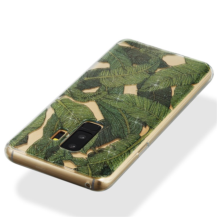 IMD Glitter Powder TPU Cell Phone Cover for Samsung Galaxy S9+ SM-G965 - Green Leaves-4