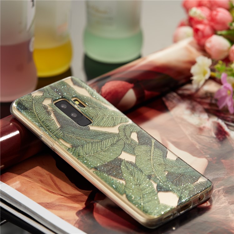 IMD Glitter Powder TPU Cell Phone Cover for Samsung Galaxy S9+ SM-G965 - Green Leaves-7