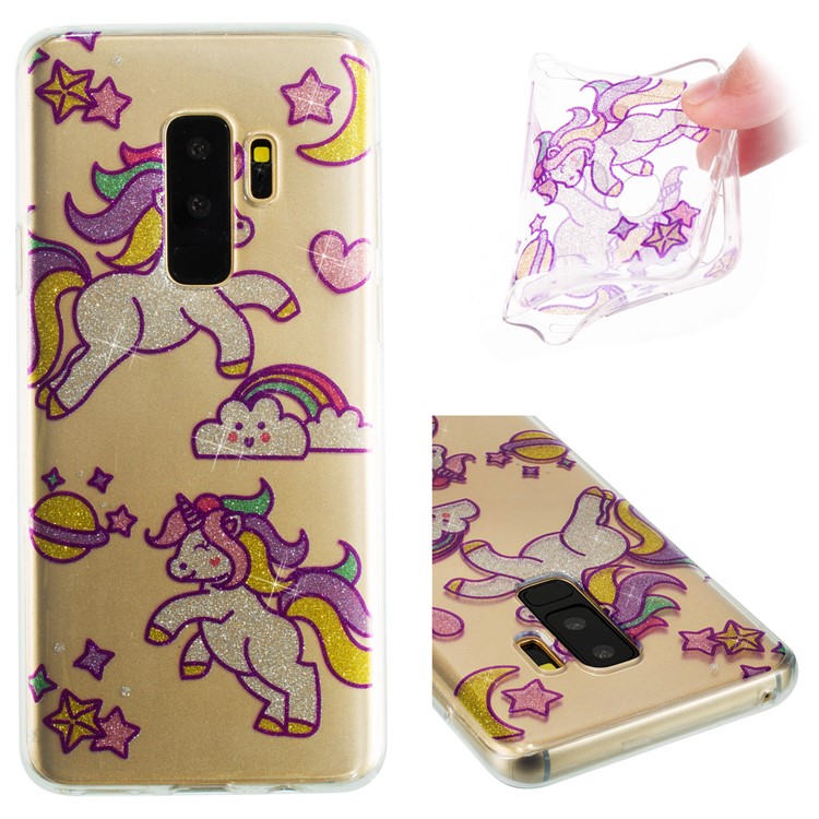 IMD Glitter Powder TPU Protective Cover for Samsung Galaxy S9 Plus SM-G965 - Playing Unicorns-1