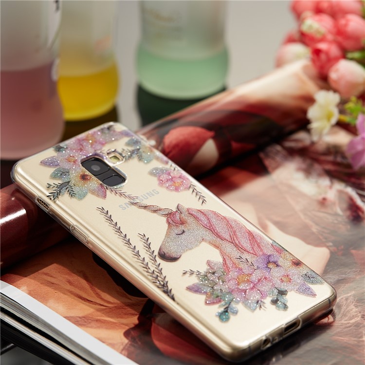 IMD Glitter Powder TPU Phone Case for Samsung Galaxy A8 (2018) - Unicorn and Flower-7