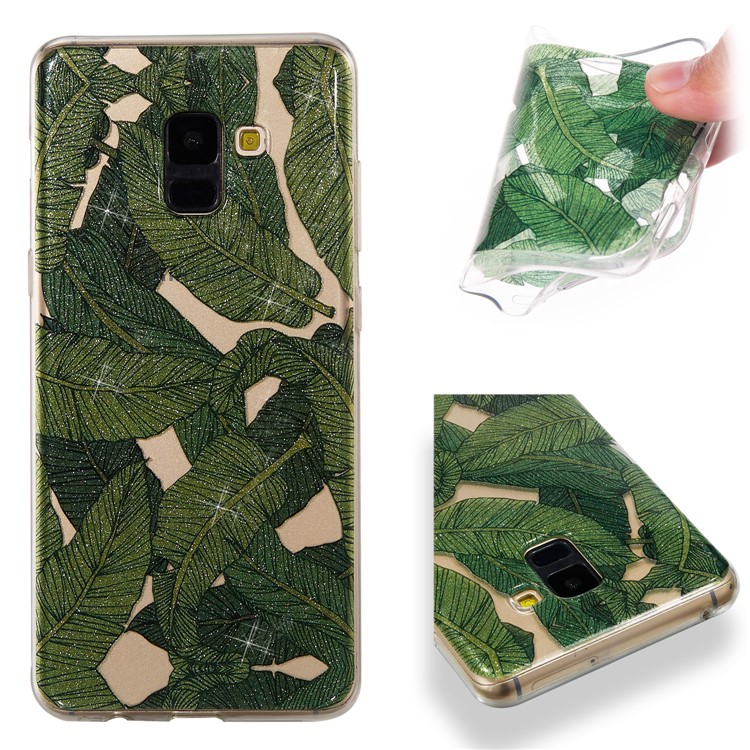 IMD Glitter Powder TPU Phone Casing for Samsung Galaxy A8 Plus (2018) - Green Leaves-1