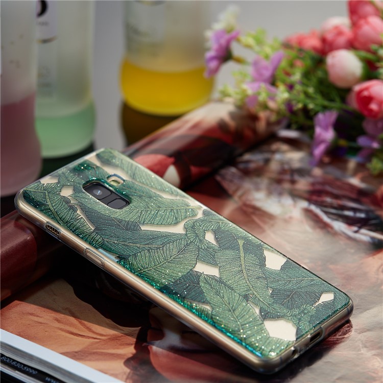 IMD Glitter Powder TPU Phone Casing for Samsung Galaxy A8 Plus (2018) - Green Leaves-7