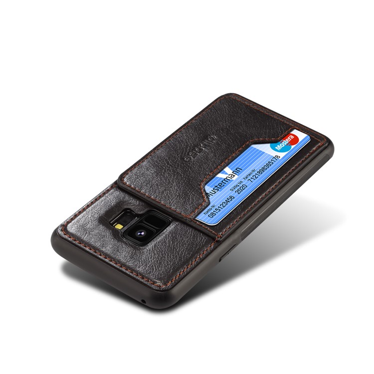 Crazy Horse PU leather Coated TPU Card Holder Back Case with Kickstand for Samsung Galaxy S9 SM-G960 - Black-4