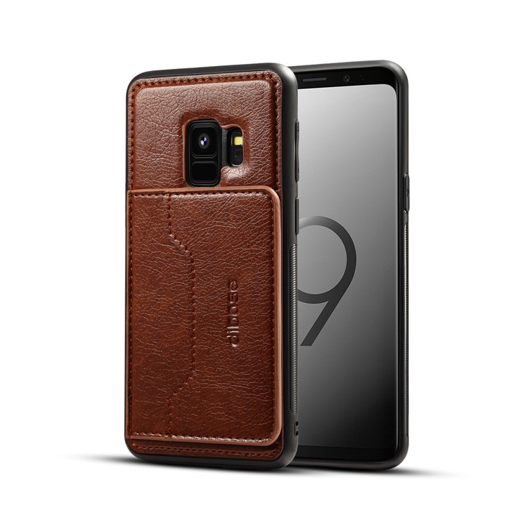 Crazy Horse PU leather Coated TPU Card Holder Back Shell with Kickstand for Samsung Galaxy S9 SM-G960 - Coffee-1