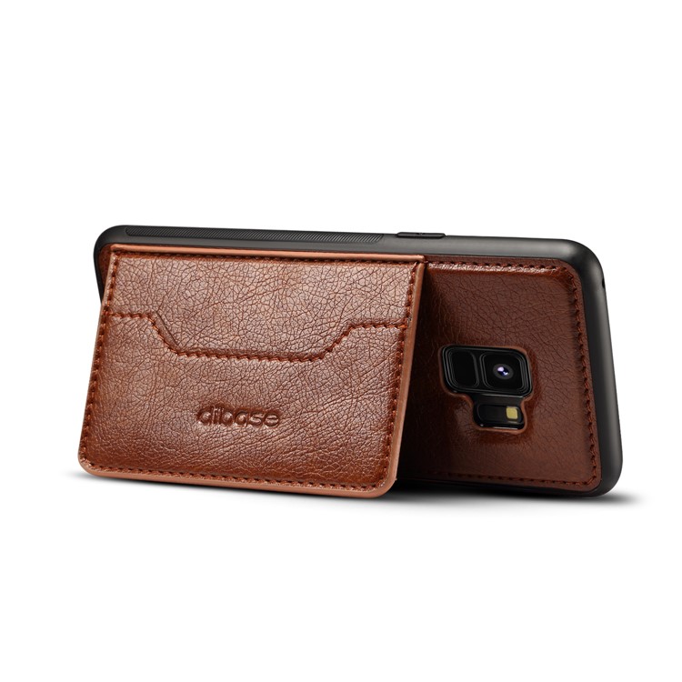Crazy Horse PU leather Coated TPU Card Holder Back Shell with Kickstand for Samsung Galaxy S9 SM-G960 - Coffee-3