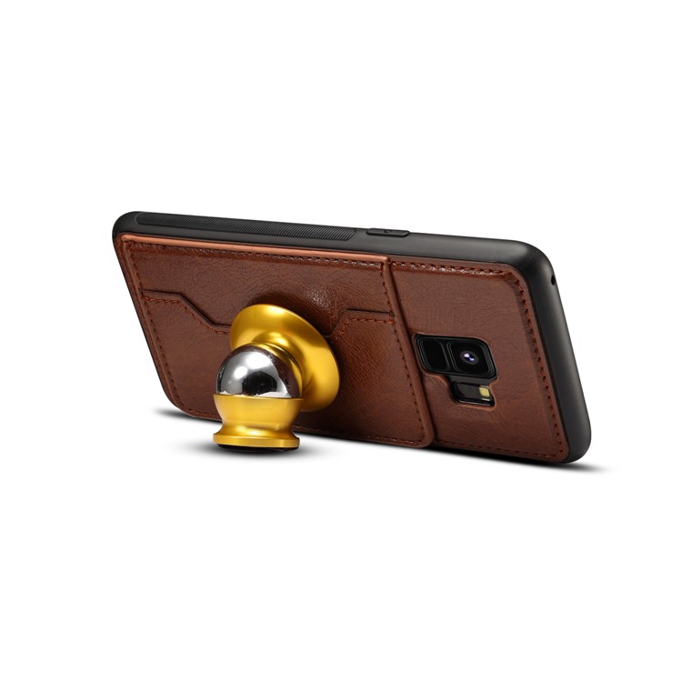 Crazy Horse PU leather Coated TPU Card Holder Back Shell with Kickstand for Samsung Galaxy S9 SM-G960 - Coffee-4