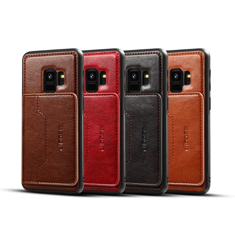 Crazy Horse PU leather Coated TPU Card Holder Back Shell with Kickstand for Samsung Galaxy S9 SM-G960 - Coffee-6