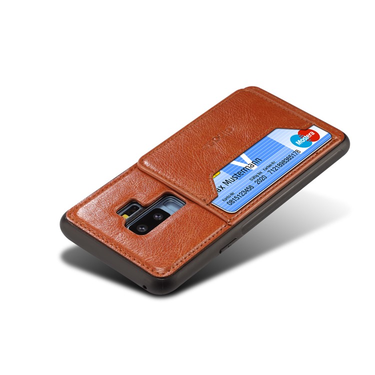 Crazy Horse PU leather Coated TPU Card Holder Back Shell with Kickstand for Samsung Galaxy S9 Plus SM-G965 - Brown-5