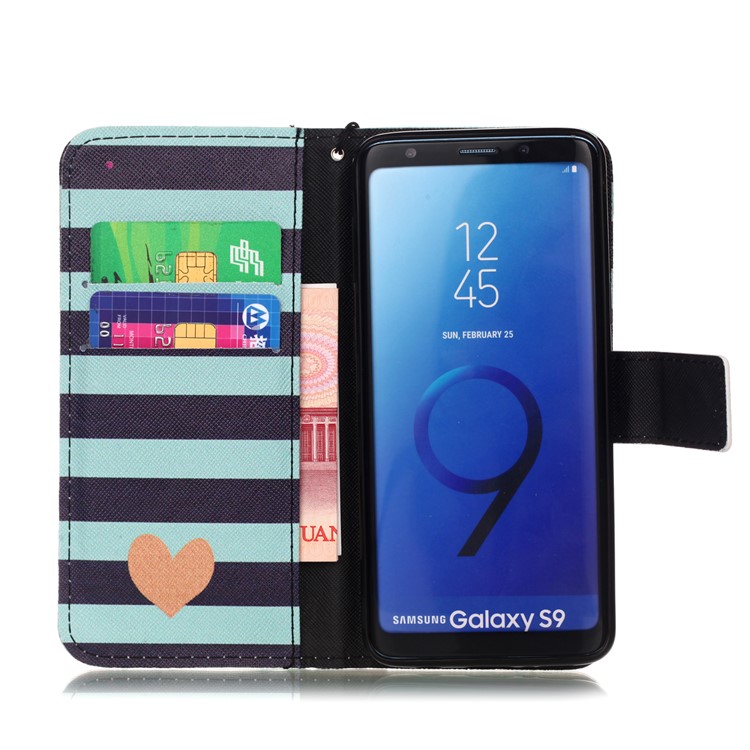 Pattern Printing Leather Wallet Case Shell for Samsung Galaxy S9 SM-G960 - Hearts and Stripes-3