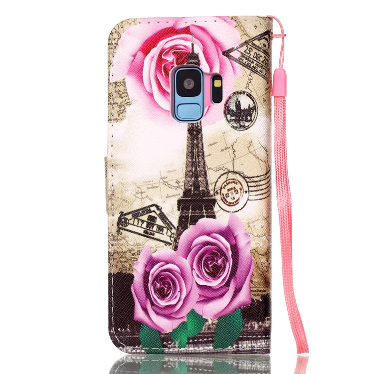 Pattern Printing PU Leather Wallet Case for Samsung Galaxy S9 SM-G960 - Eiffel Tower and Flowers-2