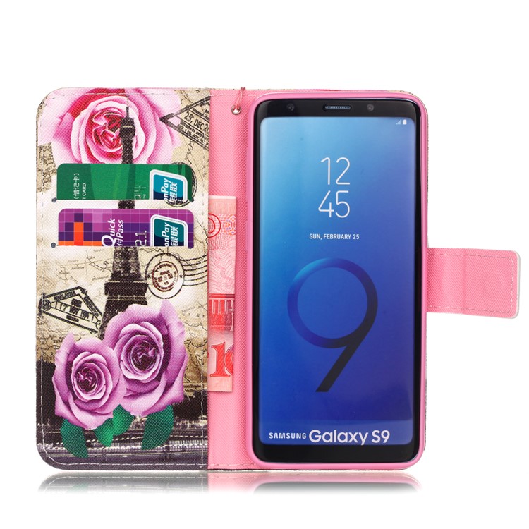 Pattern Printing PU Leather Wallet Case for Samsung Galaxy S9 SM-G960 - Eiffel Tower and Flowers-3