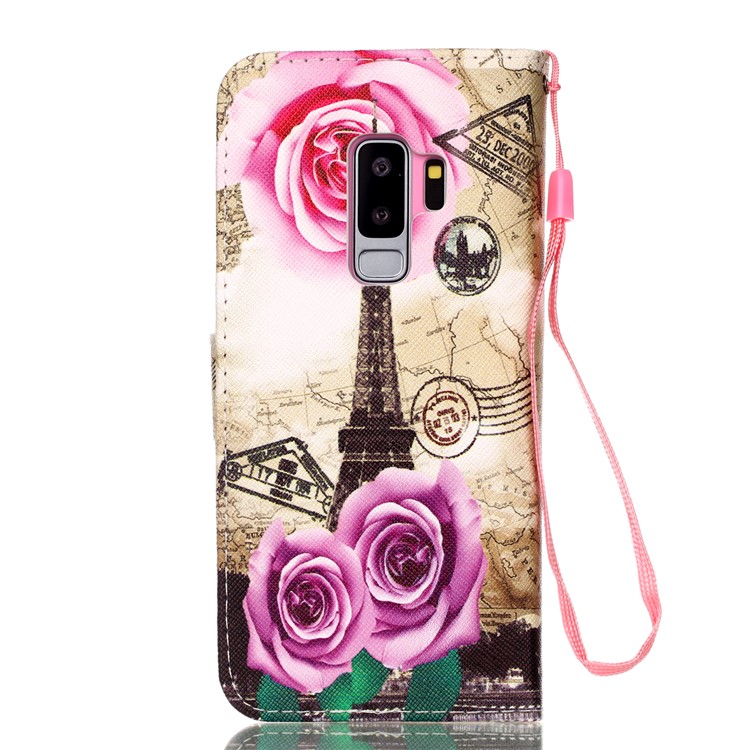 Pattern Printing Wallet Leather Cover Case for Samsung Galaxy S9+ SM-G965 - Eiffel Tower and Flowers-2