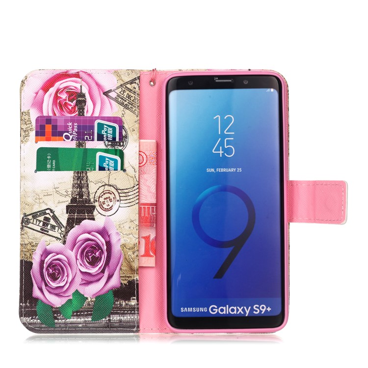 Pattern Printing Wallet Leather Cover Case for Samsung Galaxy S9+ SM-G965 - Eiffel Tower and Flowers-3