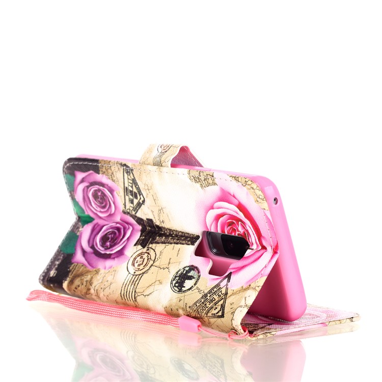 Pattern Printing Wallet Leather Cover Case for Samsung Galaxy S9+ SM-G965 - Eiffel Tower and Flowers-5
