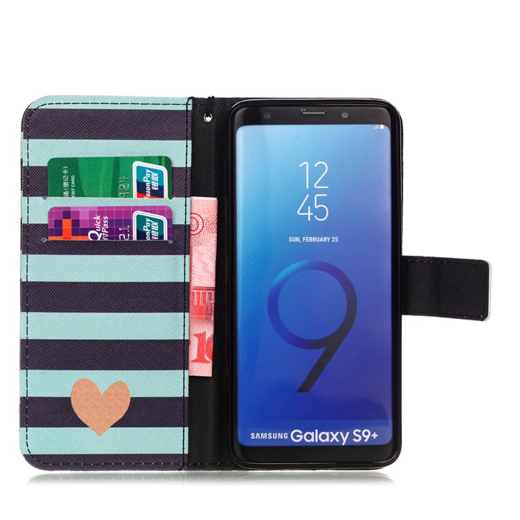 Pattern Printing PU Leather Wallet Case for Samsung Galaxy S9+ SM-G965 - Hearts and Stripes-3