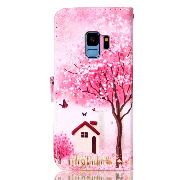 Pattern Printing Wallet Leather Phone Shell for Samsung Galaxy S9 G960 - Flowered Tree and House-2
