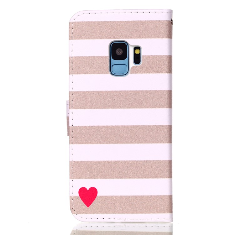 Patterned Wallet Stand Leather Mobile Cover for Samsung Galaxy S9 G960 - Stripes and Hearts-2