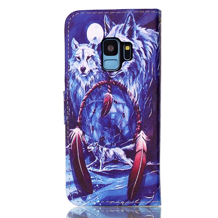 Patterned Wallet Stand PU Leather Shell Case for Samsung Galaxy S9 G960 - Dream Catcher and Wolves-2