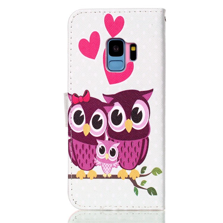 Pattern Printing Wallet Stand Leather Protector Cover for Samsung Galaxy S9 G960 - Sweet Owl Family-2
