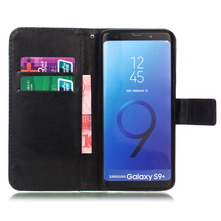 Patterned Wallet Stand Leather Phone Cover for Samsung Galaxy S9+ G965 - Blue Butterfly-3