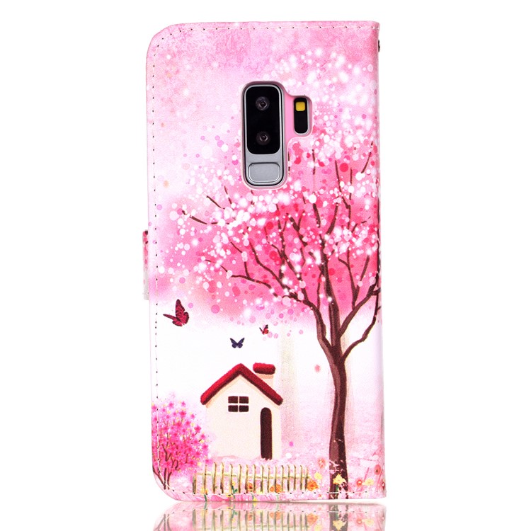 Patterned Wallet Stand Leather Protector Cover for Samsung Galaxy S9+ G965 - Flowered Tree and House-2