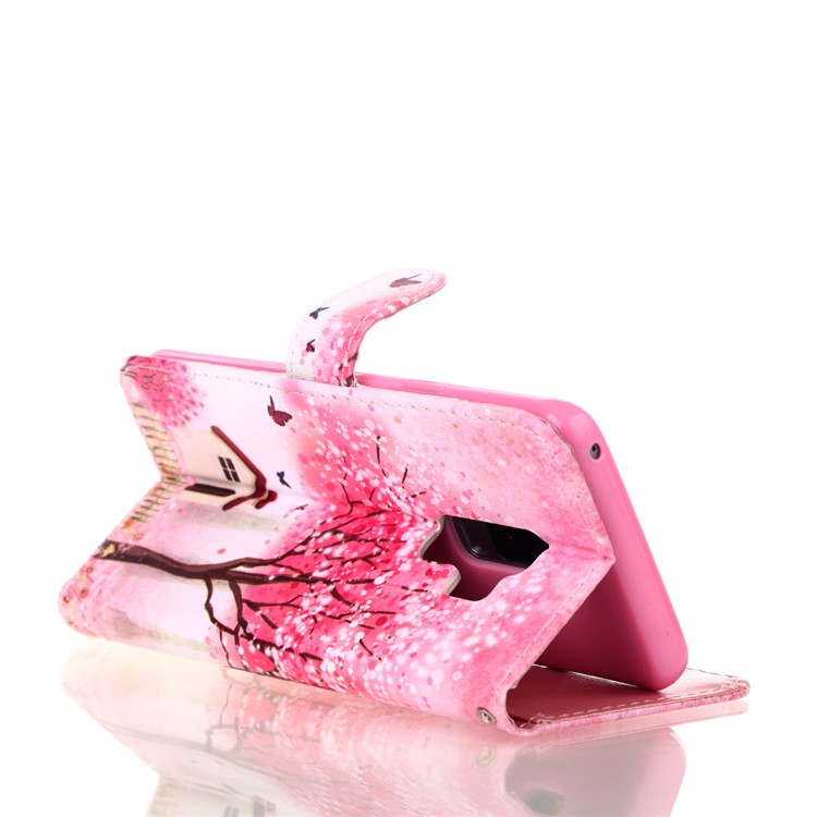 Patterned Wallet Stand Leather Protector Cover for Samsung Galaxy S9+ G965 - Flowered Tree and House-5