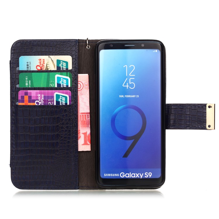 Crocodile Texture PU Leather Wallet Stand Phone Cover for Samsung Galaxy S9 G960 - Dark Blue-3