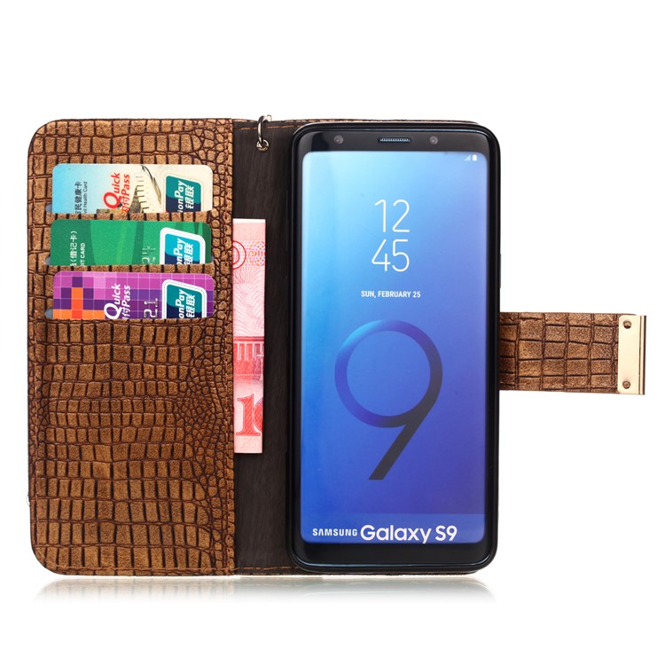 Crocodile Texture PU Leather Wallet Stand Mobile Casing for Samsung Galaxy S9 G960 - Brown-3