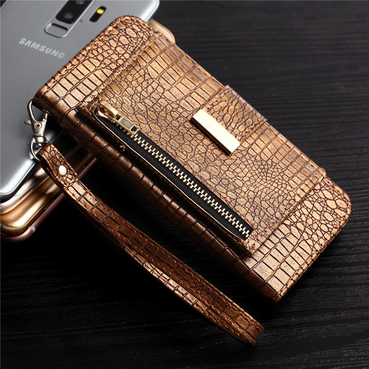 Crocodile Texture PU Leather Wallet Stand Mobile Casing for Samsung Galaxy S9 G960 - Brown-6